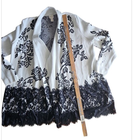Chico's Open Front Floral Cardigan Sweater Sz 2 (L/XL) Lace Hem Feminine Chic - Picture 10 of 16